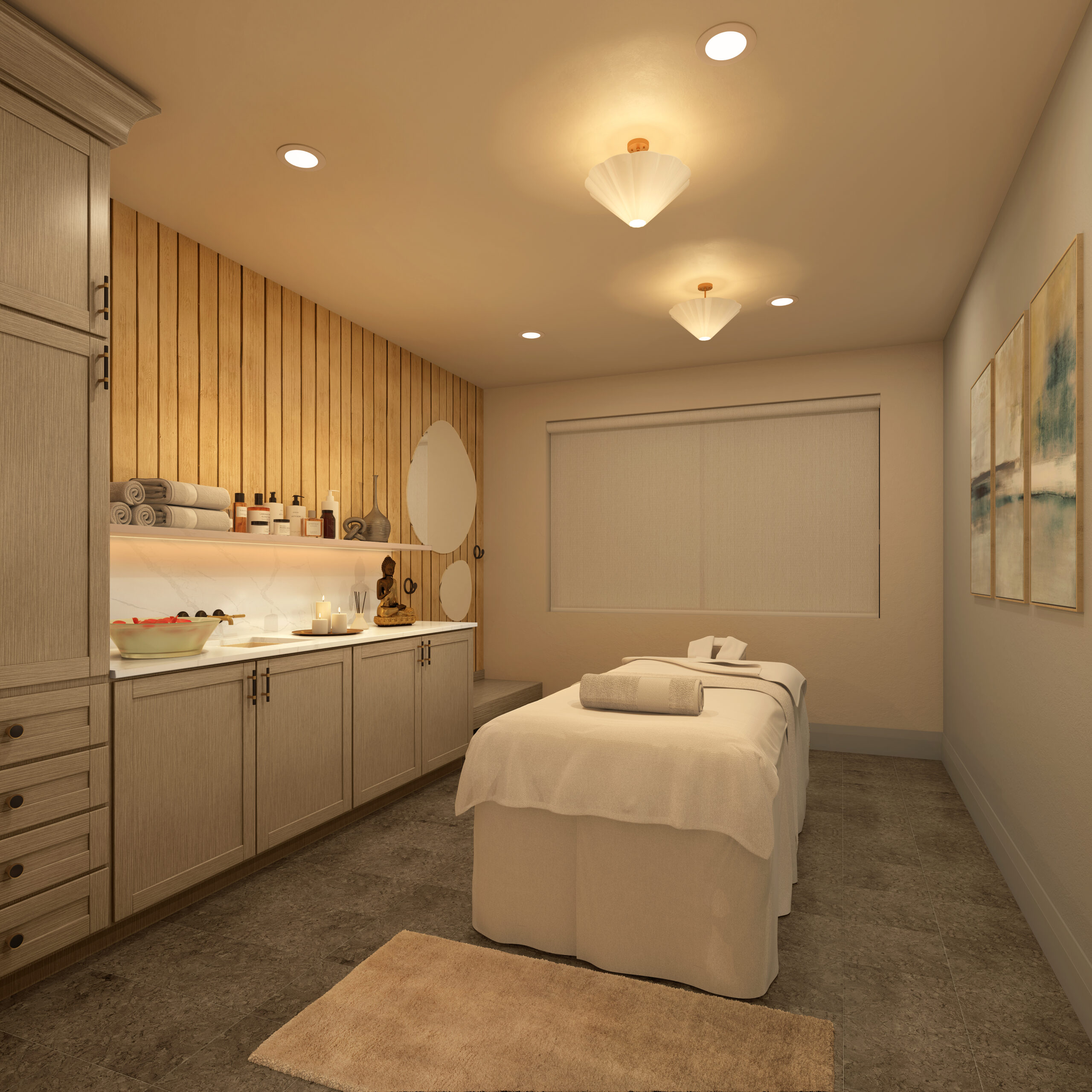 Warmly lit spa room at Ladera Little Elm with massage table, wood accents, and calming decor