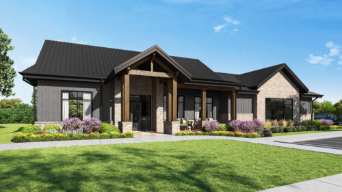 Exterior rendering of a modern Ladera Little Elm community building with stone accents, black roof, and gardens