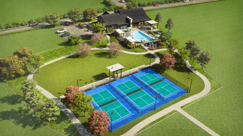Aerial rendering of Ladera Little Elm clubhouse with pool and four pickleball courts surrounded by landscaped greenery