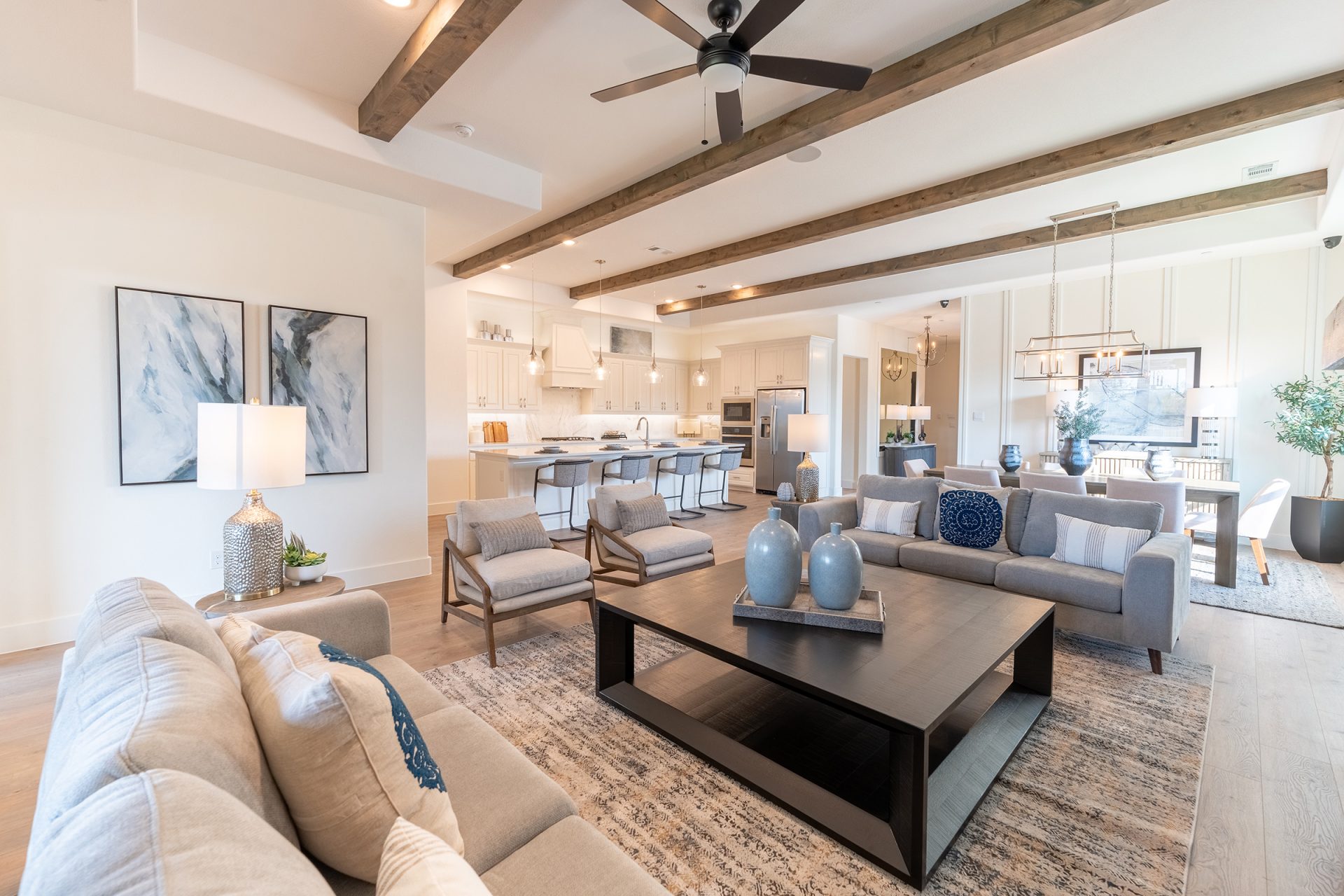 living room with kitchen in background