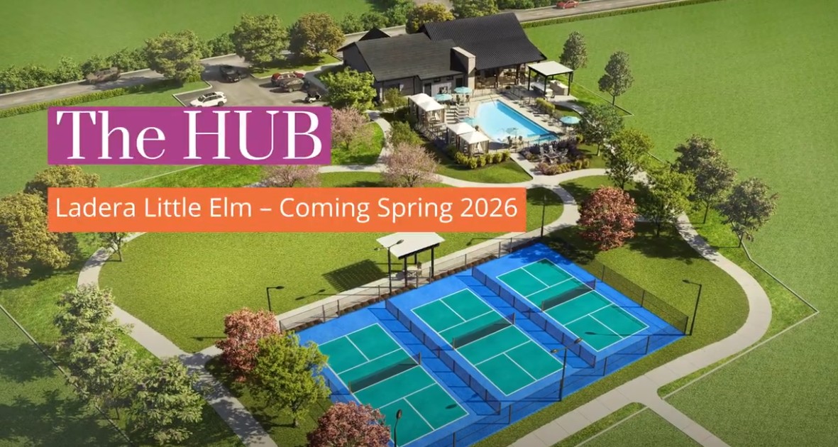 Rendering of The Hub at Ladera Little Elm with clubhouse, pool, and pickleball courts opening spring 2026