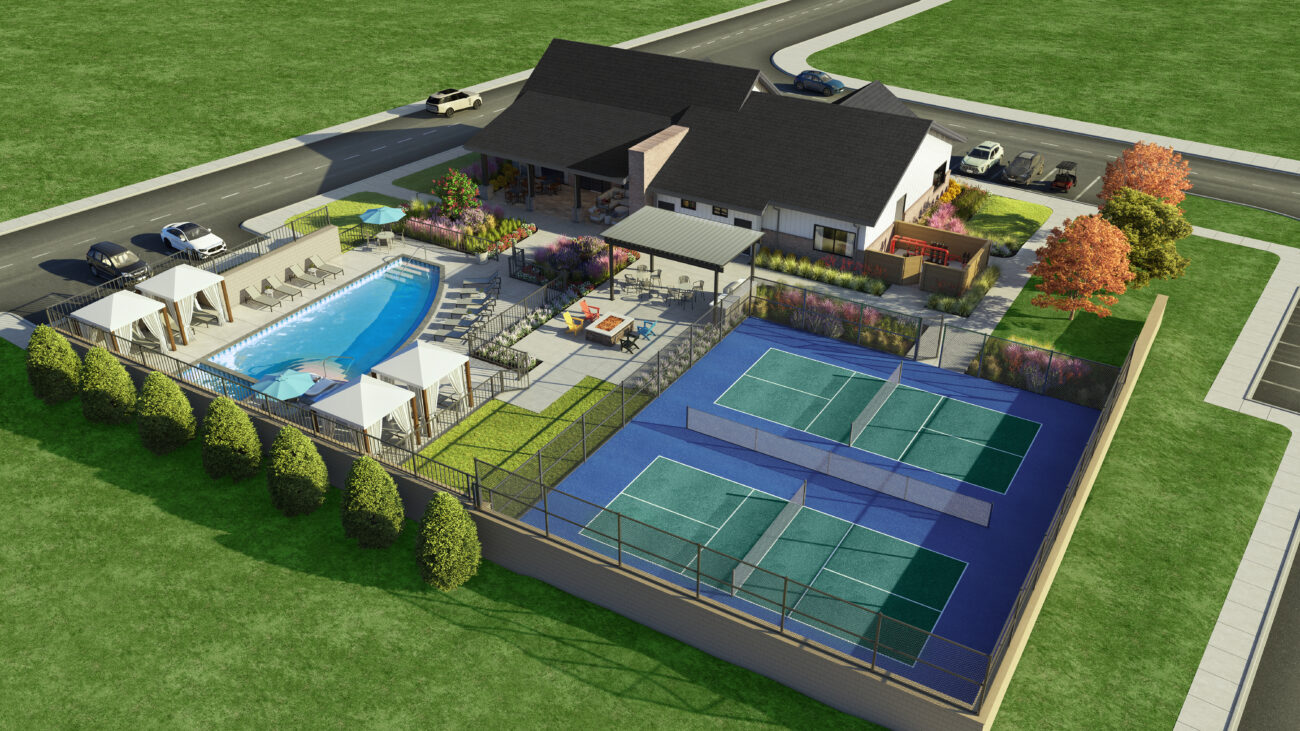 Aerial view of a rendering showing The HUB Amenity Center in Ladera Living