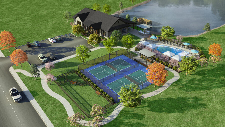 Aerial rendering view of The HUB Amenity Center in Ladera at Timberbrook. The rendering shows a Clubhouse, pickleball courts, and a pool