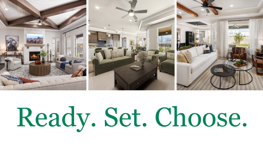 Graphic showing three modern Ladera Living living rooms and "Ready. Set. Choose" text below