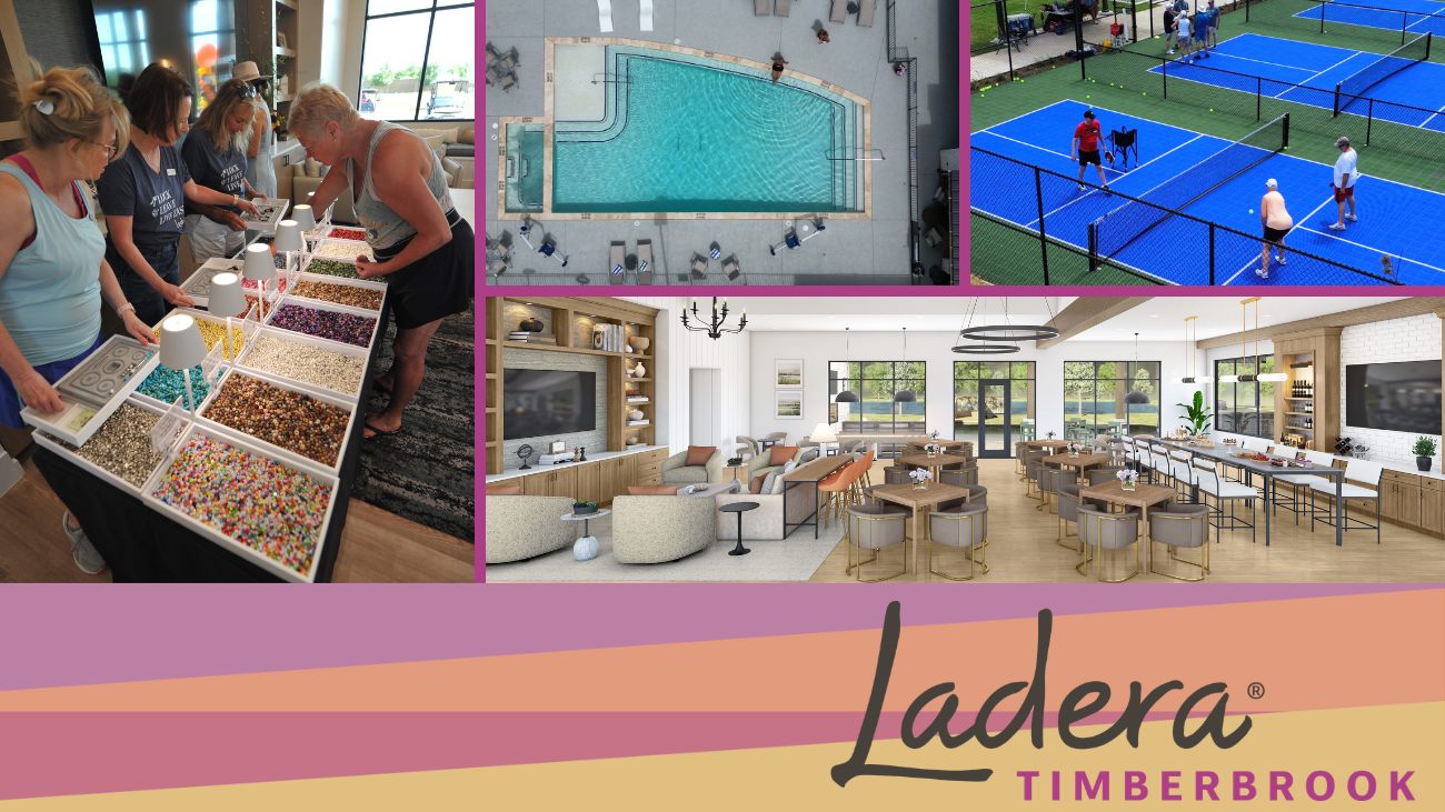 Four image collage showing the Ladera Living lifestyle including women at a table selecting craft beads, an aerial view of a resort-style pool, an aerial view of pickleball courts with a group of players, and the interior of The HUB Ladera Living clubhouse showing an open room with a TV, couches, several tables and chairs, and a long table with many chairs.