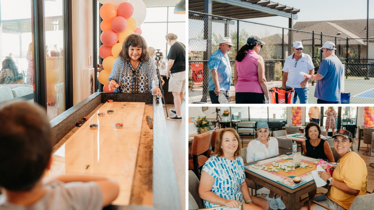 Collage of three images showing a woman playing shuffleboard, a group of people in hats on a pickleball court talking, and a group of women playing mahjong