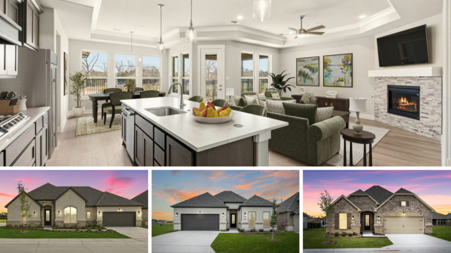 Image collage showing a spacious Ladera Living kitchen with white quartz countertops and dark brown cabinets. Three photos of modern Ladera Living single-story homes are seen below