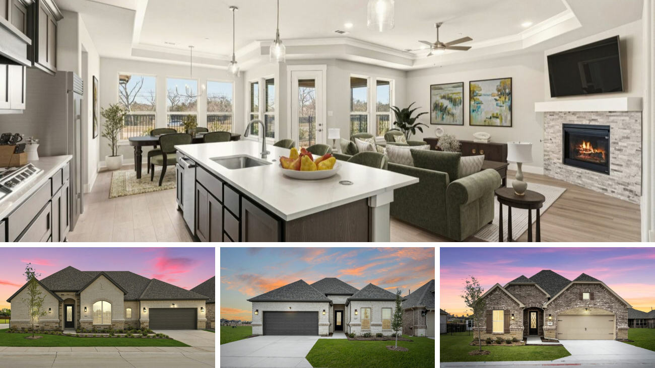 Image collage showing a spacious Ladera Living kitchen with white quartz countertops and dark brown cabinets. Three photos of modern Ladera Living single-story homes are seen below